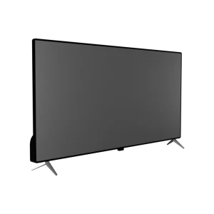 Велики телевизор равног екрана са црним оквиром, постављен под углом и подржан од две танке ноге, изолован на белој позадини.