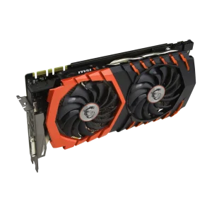 Црно-црвена MSI графичка картица са два вентилатора за хлађење, приказана под углом на белој позадини.