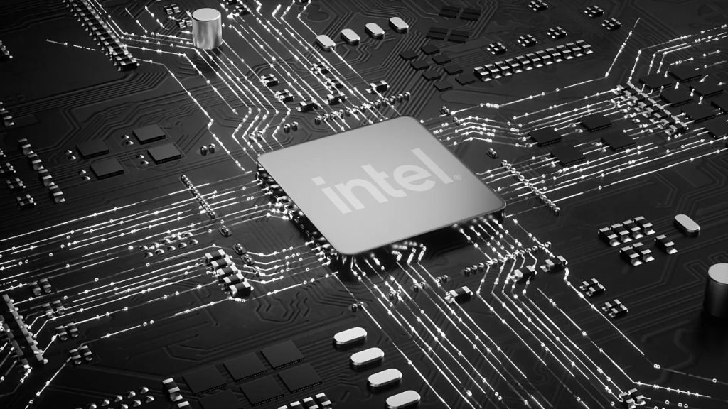 Intel čip na matičnoj ploči. Intel logo. Deo računara.