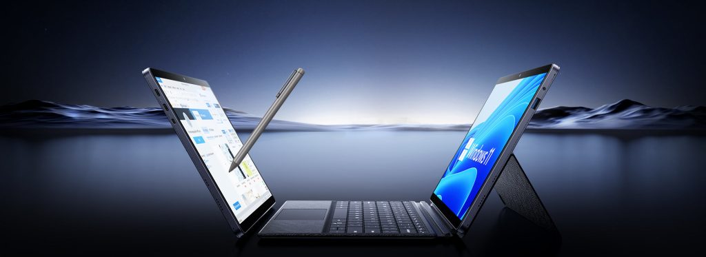 Dva Chuwi tableta sa tastaturama i olovkom, Windows 11 prikazan na ekranu.